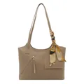 Elegant dark khaki bucket bag with decorative silk scarf and metallic accents - Khaki
