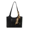 Black leather tote bag with decorative silk scarf handle and white contrast stitching - Black