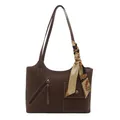 Brown faux leather tote bag with white stitching and decorative silk scarf on handle - Dark Brown
