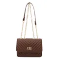 Brown V-quilted faux leather crossbody bag with gold turn-lock and chain strap - Brown