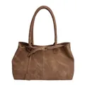 Borsa tote retrò in pelle scamosciata marrone capiente con dettagli in fibbia oro - Marrone