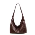 Large dark brown hobo shoulder bag with glossy oil wax leather texture and wide strap - Coffee