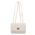 Creamy white V-quilted chain bag with a gold square turn-lock closure and leather strap - White