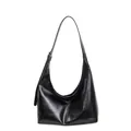 Black leather hobo bag with vintage pleated texture and adjustable silver buckle strap - Black