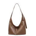 Deep brown large crescent crossbody bag with adjustable wide strap in textured soft leather - Khaki