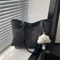 Large black tote bag set with silver stars and a cute cloud charm for daily commute - With Pendant / Black