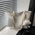 Polka dot star print white tote bag with small pouch and cloud charm pendant - With Pendant / White