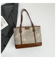 Grey canvas tote bag with brown synthetic leather trim and minimalist shoulder strap - Grey Without Pendant