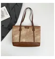 Women's tote bag in light brown marble fabric with dark brown leather straps and accents - Brown No Pendant