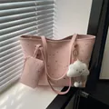 Pink star-patterned tote bag with matching pouch and white fluffy cloud charm - With Pendant / Pink