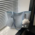 Light blue canvas tote bag set with silver star prints and cloud plush charm - With Pendant / Blue