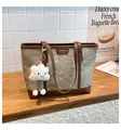 Light grey canvas tote bag with dark brown leather trim and cute plush cloud charm - Grey With Pendant