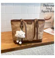 Vintage brown canvas tote bag with dark leather trim and a white cloud plush charm - Brown with Pendant
