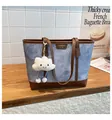 Blue denim tote bag with brown leather trim and white plush cloud charm accessory - Blue with Pendant