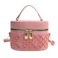 Pink embroidered bucket bag with quilted patterns and golden dual zipper details - Pink