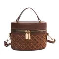 Dark brown quilted box bag with crown embroidery and golden hardware accents - Brown