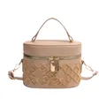Apricot hand bag with gold crown embroidery and double zip in textured PU leather - Khaki