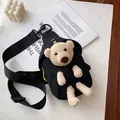 Black canvas crossbody bag with cute 3D teddy bear and adjustable wide shoulder strap - Black