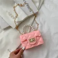 Pink mini crossbody bag with faux pearl handle and diamond lattice design - Pink