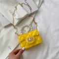 Mini yellow jelly handbag with pearl handle, diamond quilt pattern and gold chain strap - Yellow