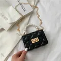 Mini black quilted patent leather bag with pearl handle and golden chain strap - Black