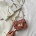 Mini dark pink quilted faux leather bag with pearl handle and golden chain strap - Dusty Pink