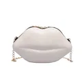 Mini lip-shaped crossbody bag in glossy white finish with a golden metal chain strap - White