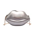 Silver lip-shaped mini crossbody bag with gold chain strap and metallic finish - Silver