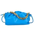 Fashionable sky blue pleated cloud bag with chunky gold chain strap on white background - Bright Blue
