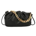 Klassische schwarze Plissee-Wolken-Tasche mit klobiger goldener Kette und weichem Leder - Schwarz