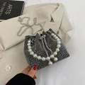 Silver rhinestone bucket bag with pearl handle and metal chain strap for women - Silver