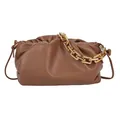 Caramel brown ruched cloud pouch bag with chunky gold chain strap and leather shoulder strap - Brown
