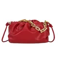 Red leather ruched cloud bag with bold gold chain strap and slim leather shoulder strap - Red