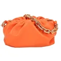 Vibrant orange ruched cloud bag with premium chunky gold chain handle in soft leather - Orange