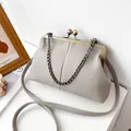 Elegant light gray shell bag with lychee pattern texture and vintage bronze clasp - Gray