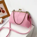 Pink lychee texture shell bag with vintage bronze clasp and metal chain strap - Pink