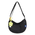 Black crescent canvas tote bag with yellow flower charm and front pockets detail - With Yellow Flower Pendant / Black