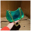 Glossy emerald green crocodile pattern half-moon bag with decorative gold chain - Green