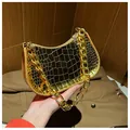 Glossy golden crocodile pattern crescent handbag with chunky chain strap for women - Gold