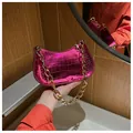 Glossy rose pink shoulder bag with crocodile texture and chunky gold chain handle - Rose Red
