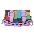 Close-up of colorful mosaic mini bag with purple buckle straps and thick plastic chain - Purple