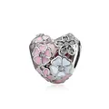 Heart-shaped floral bead charm with pink enamel and clear cubic zirconia in silver finish - Pink Rhinestone Heart (H5-08)