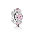 Pink enamel magnolia flower bead with sparkling zircon inlay for DIY charm bracelets - Pink Enamel Cherry Blossom (J4-03)