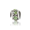 Vintage silver hollow cylinder charm bead with three round emerald green crystal accents - Green