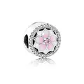 Pink enamel magnolia flower charm bead with cat eye zircon accents in S925 silver - Pink White Gradient Sakura Pave Style (J2-02)