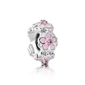 Pink enamel magnolia flower charm bead in silver with zircon stone for DIY bracelets - Pink Gradient Sakura Openwork Style (J4-03)