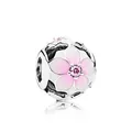 Silver bead charm featuring a pink enamel cherry blossom with center zircon crystal - Pink Enamel Sakura Through Style (J3-06)