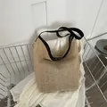 Grand sac cabas en paille tissée avec bordures en cuir noir pour femmes - Noir