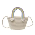Handgeweven katoenen tas met regenboog handvat en kwastjes voor op vakantie - Regenboog Handvat - Crèmewit