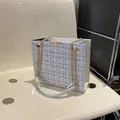 Elegant white tweed square tote bag with gold metallic accents and chain strap - Small Grid White